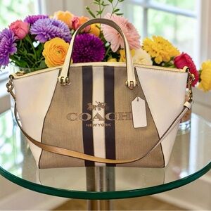 Coach Striped Canvas Satchel in Brown, Tan & White